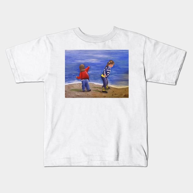 Playing on the beach Kids T-Shirt by Allison Prior Art